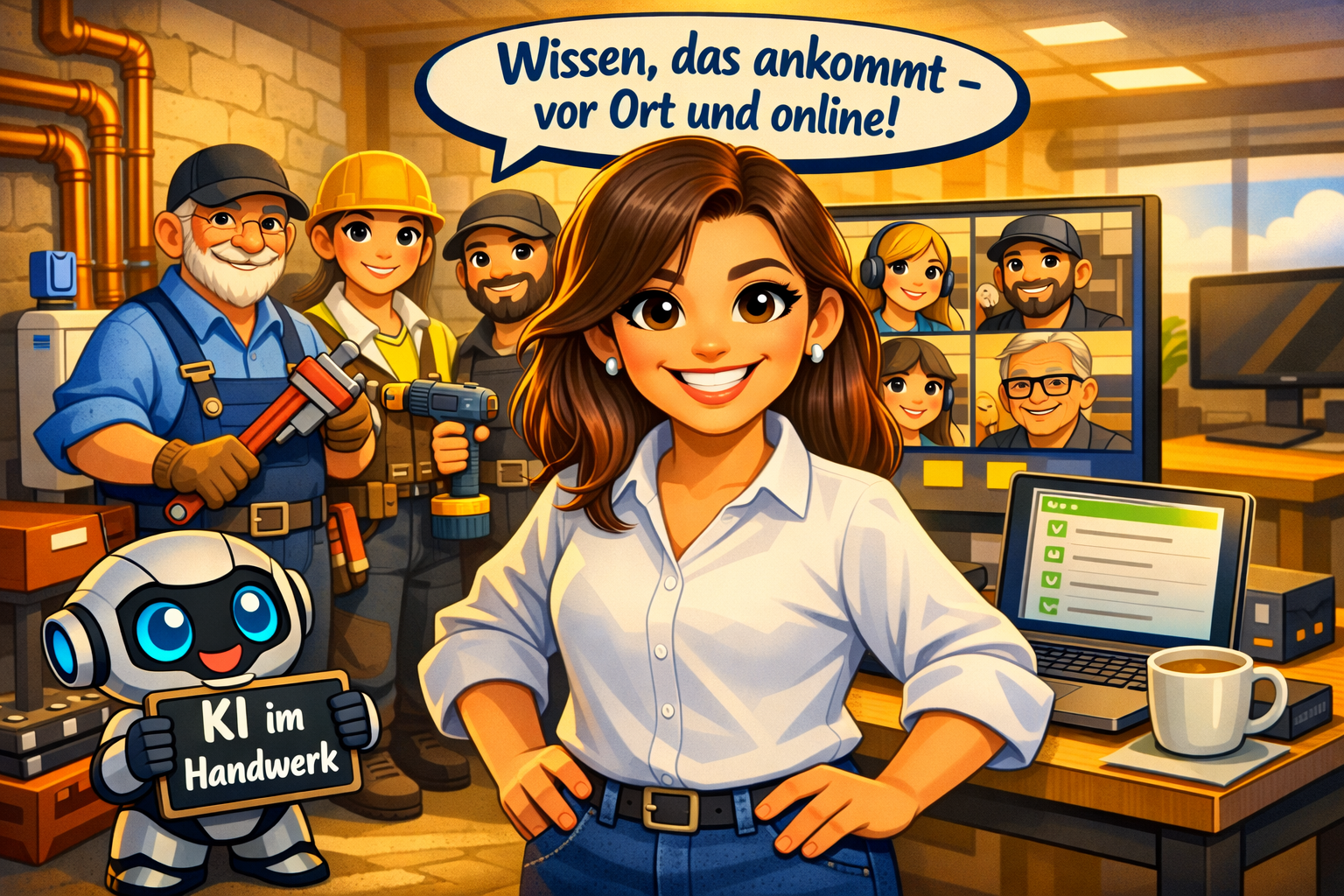 Illustration (KI-generiert): Nicole mit Handwerker-Team und KI-Roboter — Wissen, das ankommt, vor Ort und online